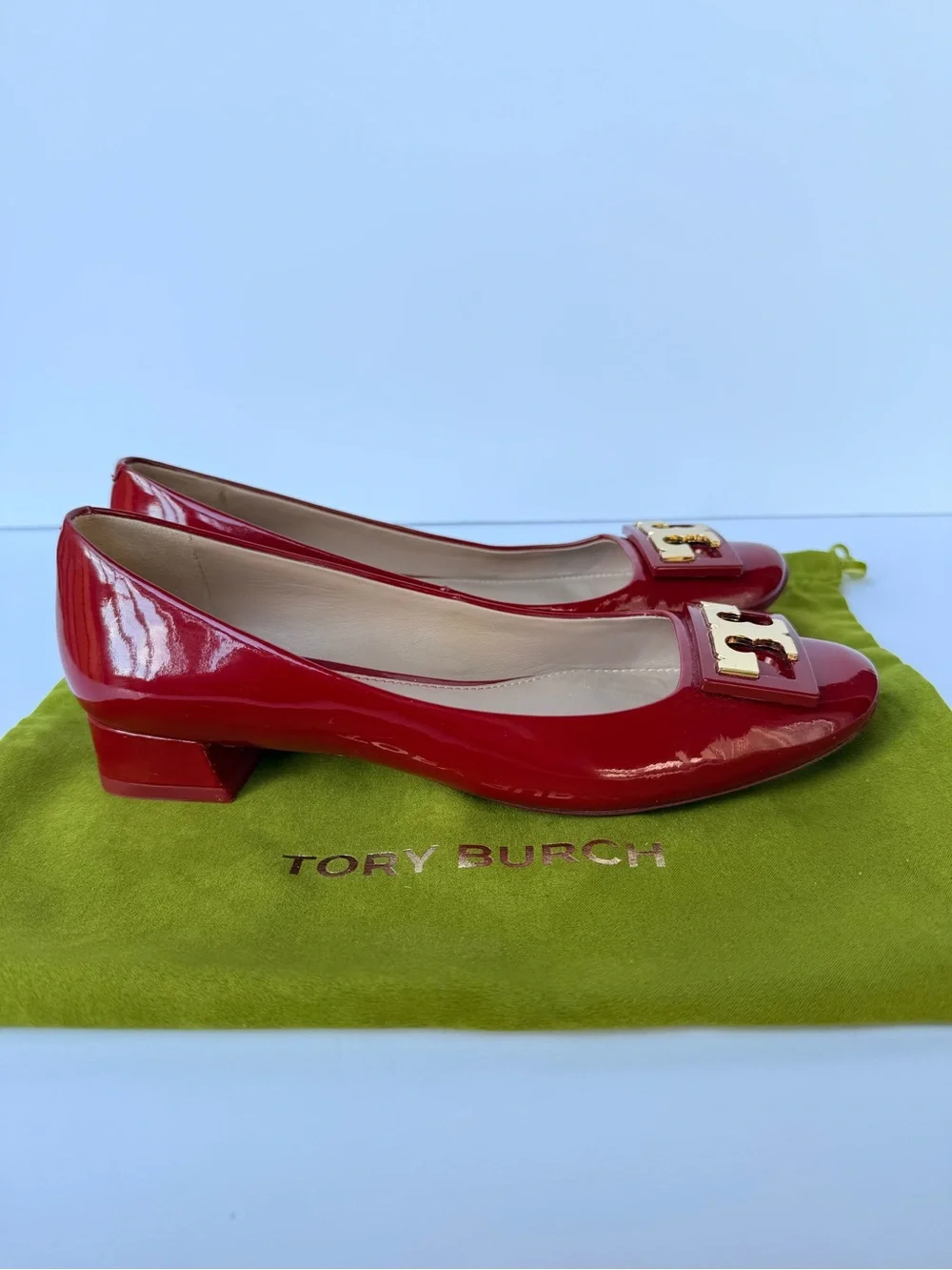 Tory Burch Gigi‎ Soft Patent Leather Low Block Heel Pumps Red Sz 6